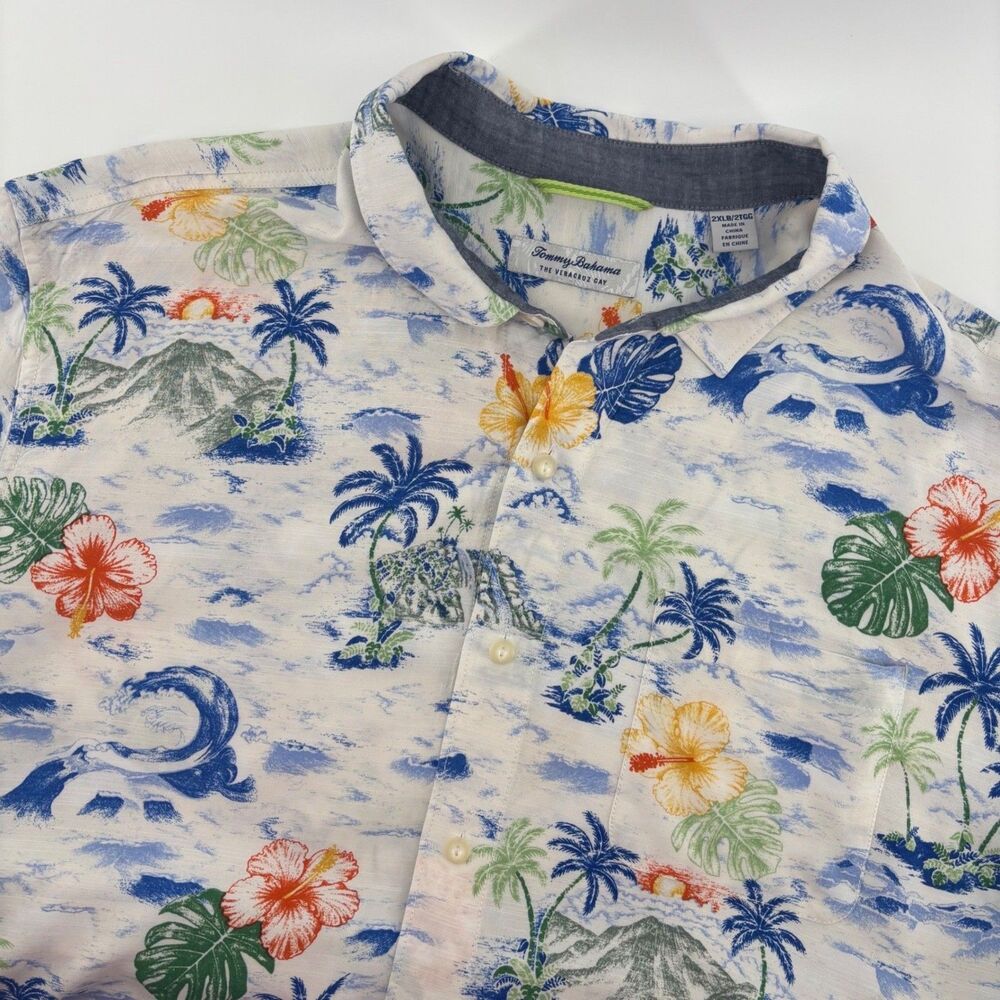 Tommy Bahama Veracruz Cay Shirt Men 2XLB White Tropical Scenic Viscose Excellent